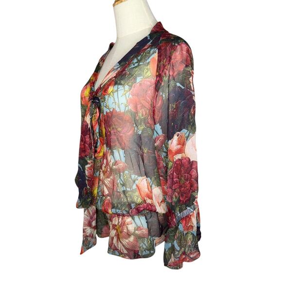NWOT Haute Hippie 100% Silk Sheer Floral Blouse Ruched Hem Tie Neck Size Medium - Picture 4 of 11